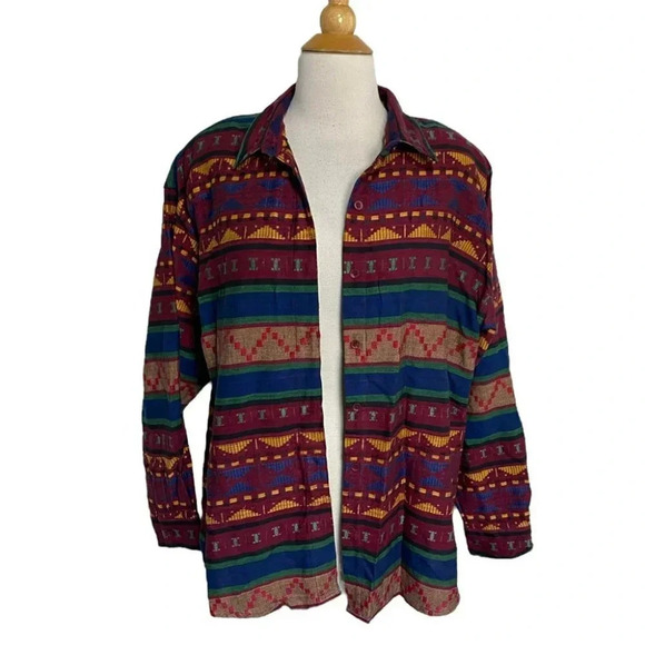 Maggie & Max L multicolor Aztec southwestern print button down‎ cotton shirt - Picture 2 of 6